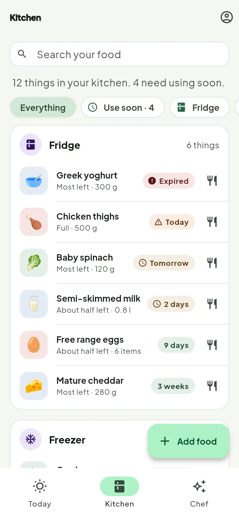 Kitchen: food grouped by fridge, freezer and cupboard. Each item shows roughly how much is left and when it expires, such as Today, Tomorrow or 9 days.