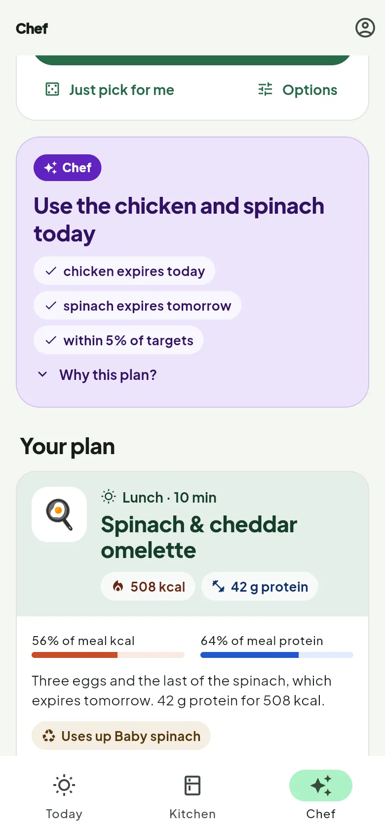 Chef: a plan to use the chicken and spinach today, with a spinach and cheddar omelette of 508 kcal and 42 g protein.