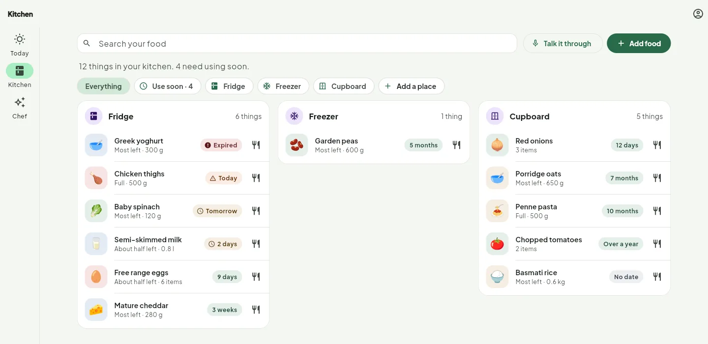 The Fridgeo web app on a computer: the fridge, freezer and cupboard side by side, with search, Talk it through and Add food at the top.